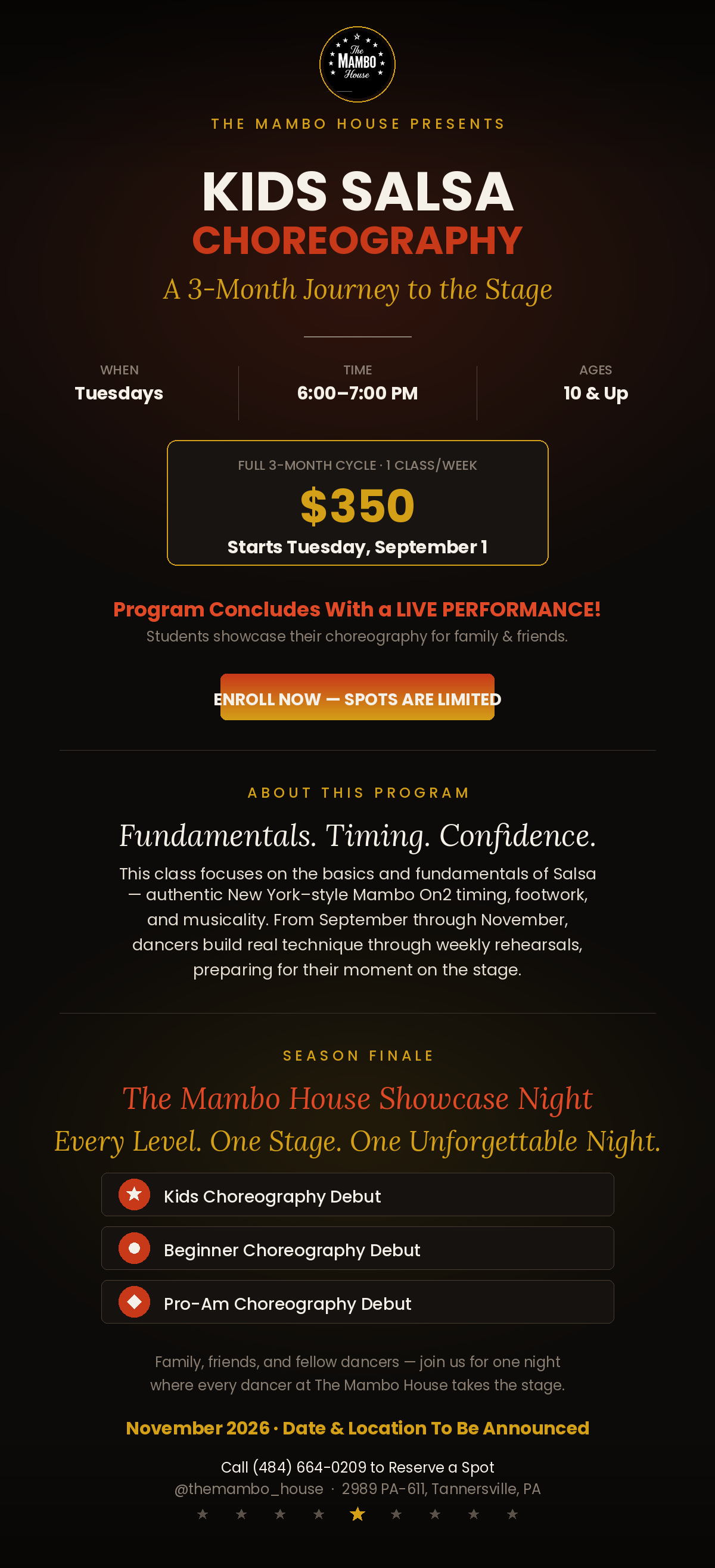 Kids Salsa Choreography — 3-Month Program, Tuesdays 6-7 PM, Ages 10 and Up, $350, The Mambo House Showcase Night