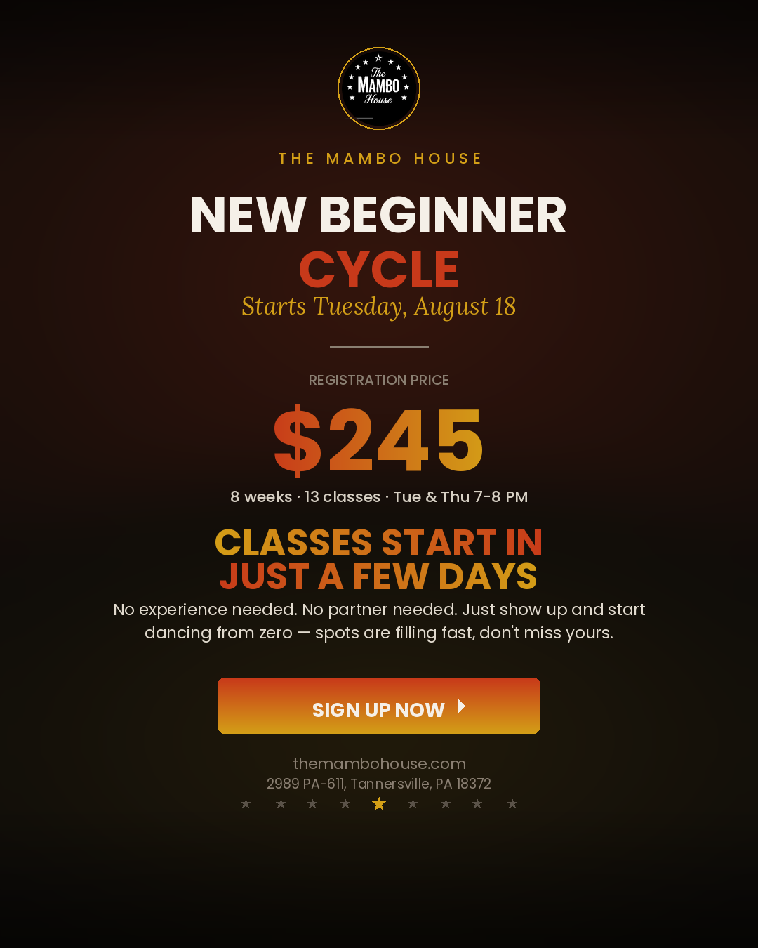 New Beginner Salsa On2 Cycle - starts Tuesday August 18 - $245, no experience or partner needed