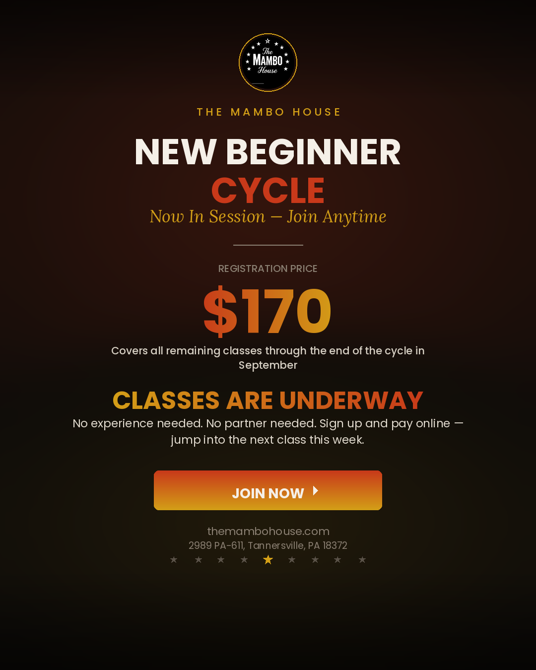 New Beginner Salsa On2 Cycle - now in session, join anytime - $170 for remaining classes through end of September, no experience or partner needed